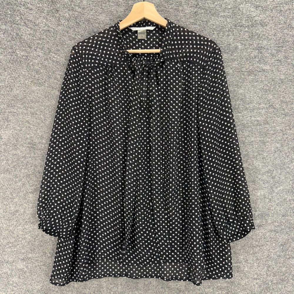 Peter Nygard Blouse Women 12 Black Polka Dot Crew Neck Long Sleeve  Tasseled